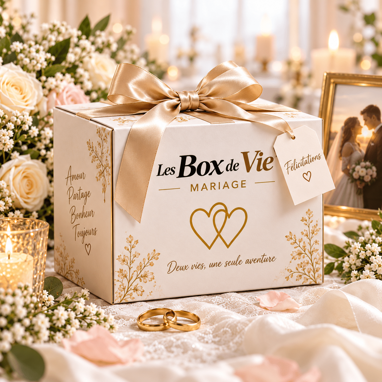 Coffret Mariage fermé avec ruban doré, alliances et fleurs