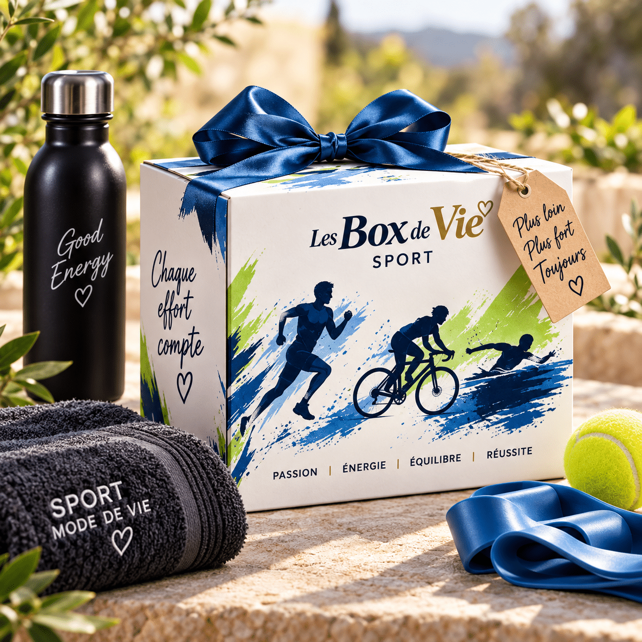 Coffret Sport fermé avec ruban bleu et accessoires sportifs