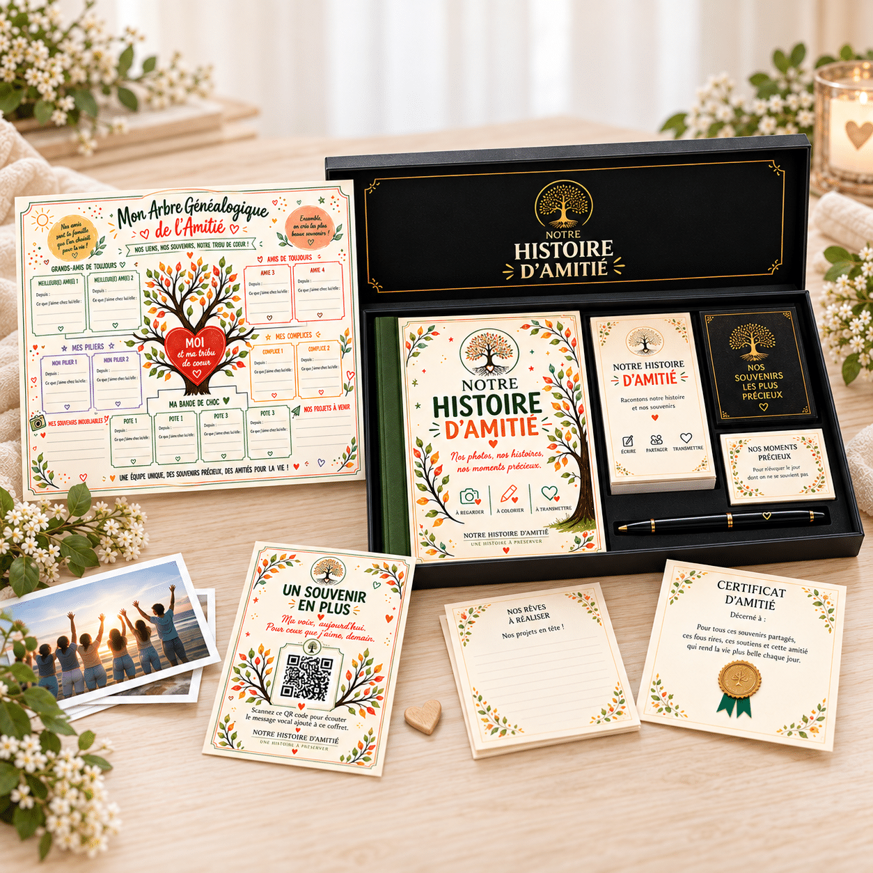 Coffret Notre Histoire d’Amitié ouvert avec son album botanique, son arbre de l’amitié et ses cartes