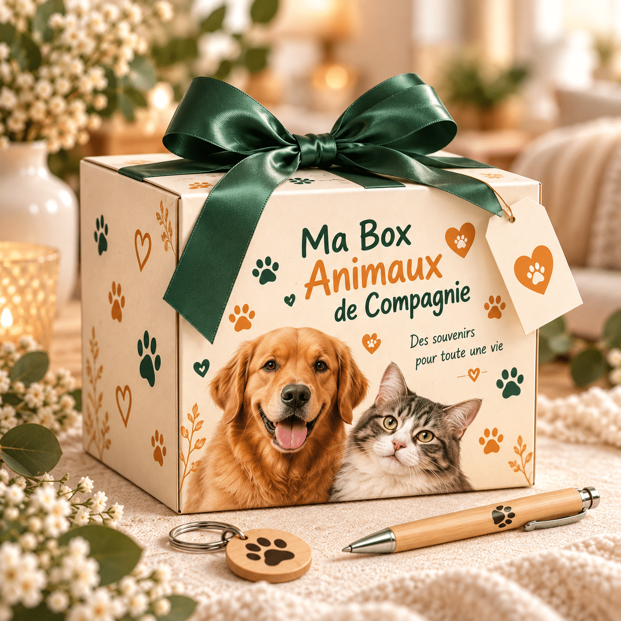 Coffret Animaux de compagnie fermé avec ruban vert et illustrations d’un chien et d’un chat