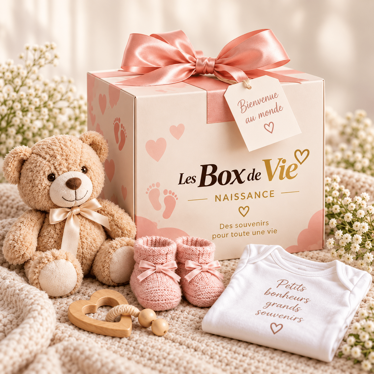 Coffret Naissance fermé avec ruban rose, peluche et accessoires pour bébé