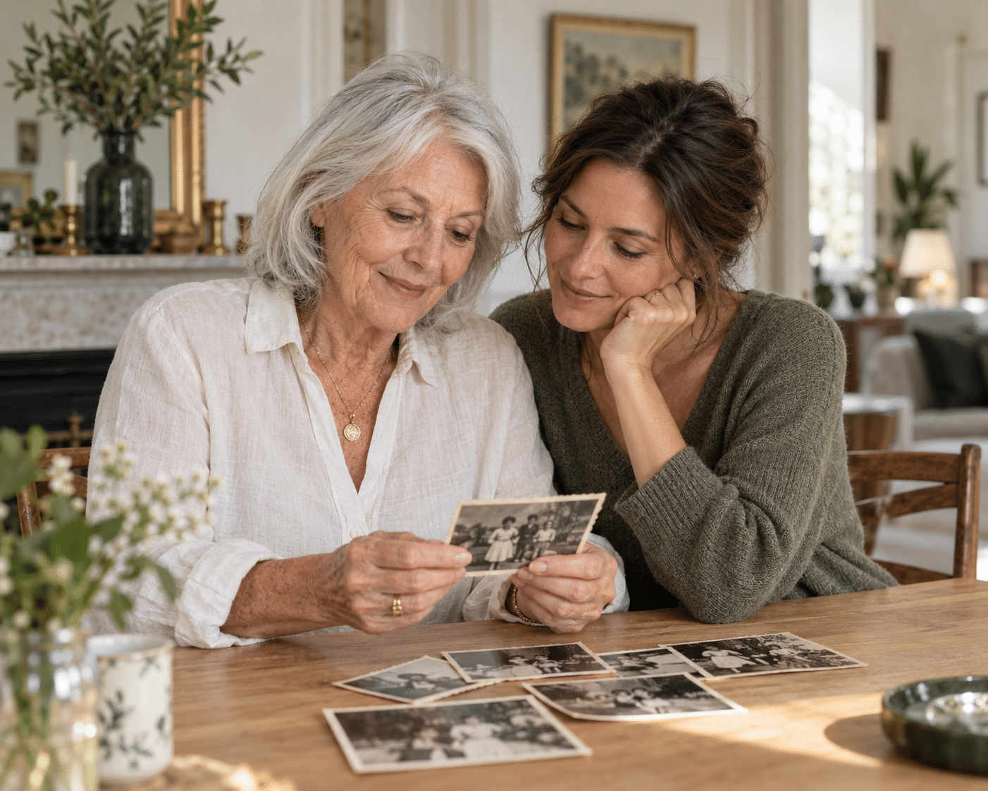 Deux générations partagent un souvenir autour de photographies de famille