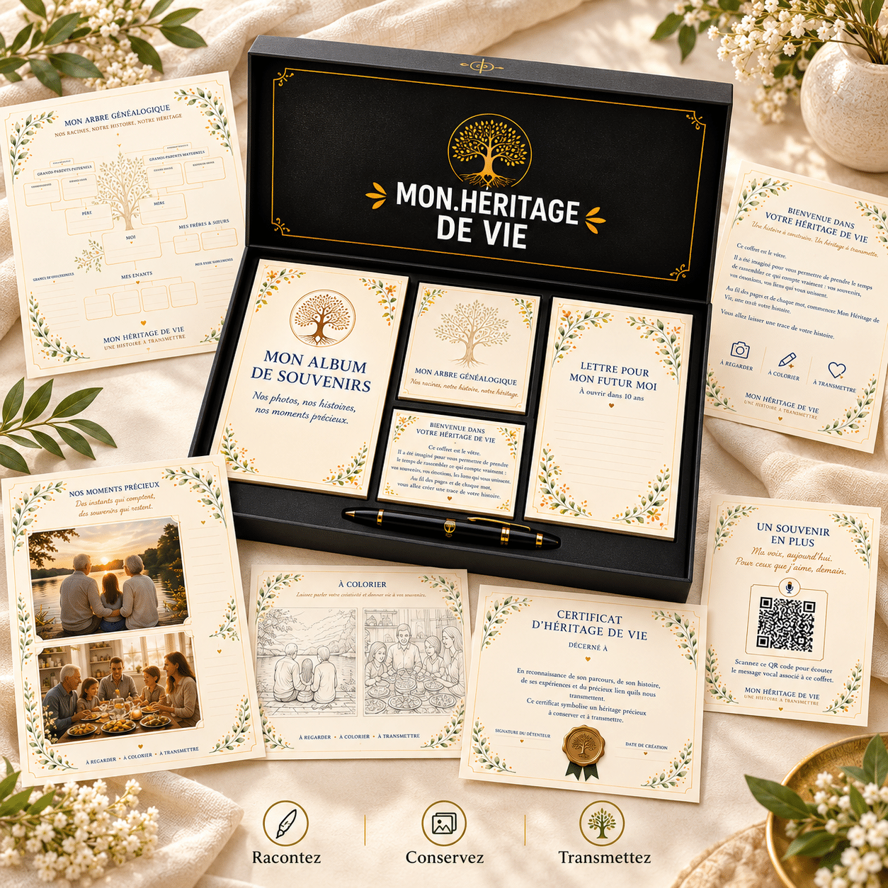 Le coffret noir Mon Héritage de Vie et ses éléments