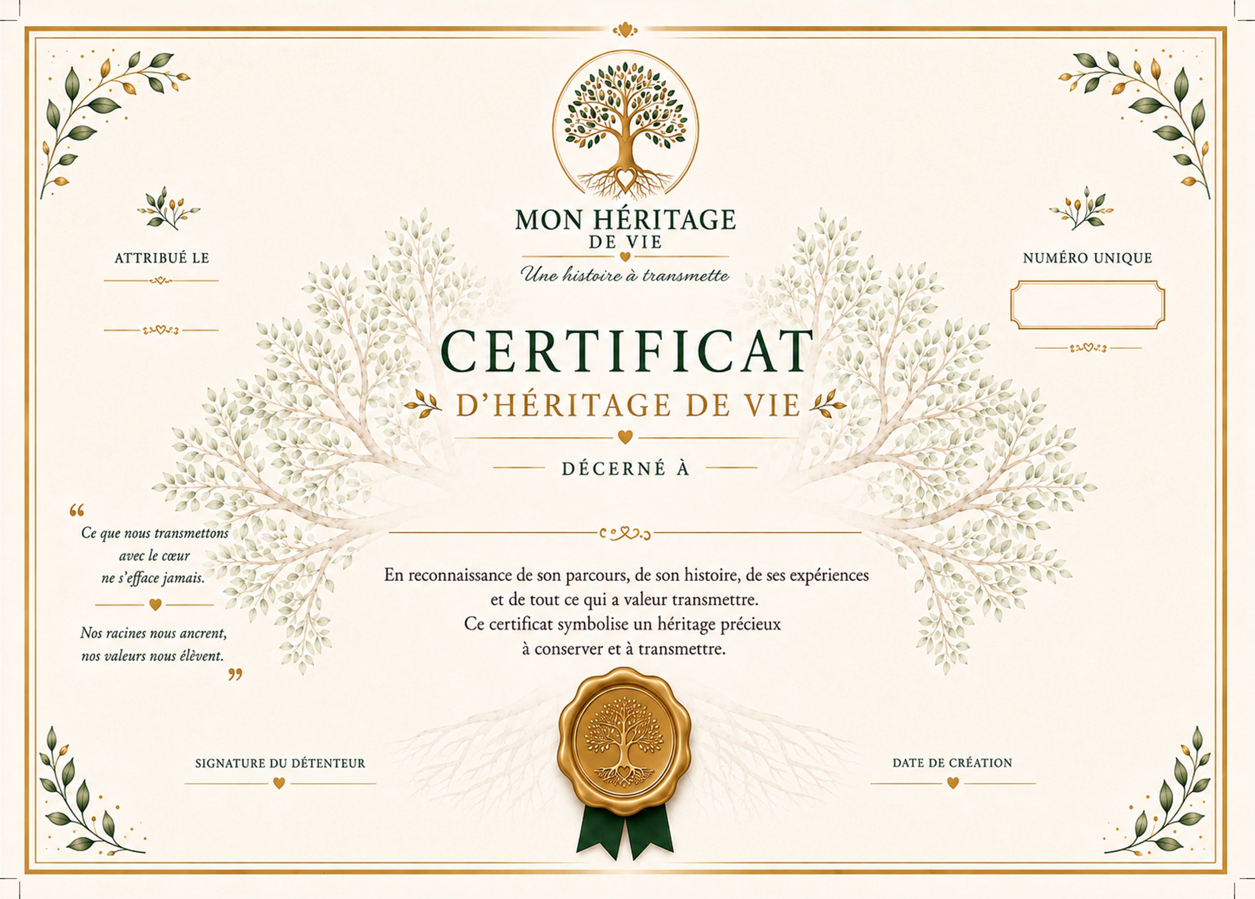 Certificat d’Héritage de Vie